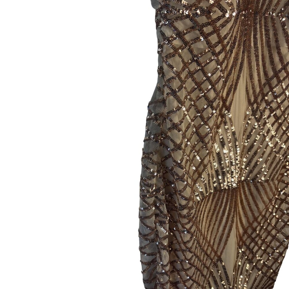 Sequined Beige and Bronze Evening Dress With Intricate Geometric Patterns - Picture 9 of 15
